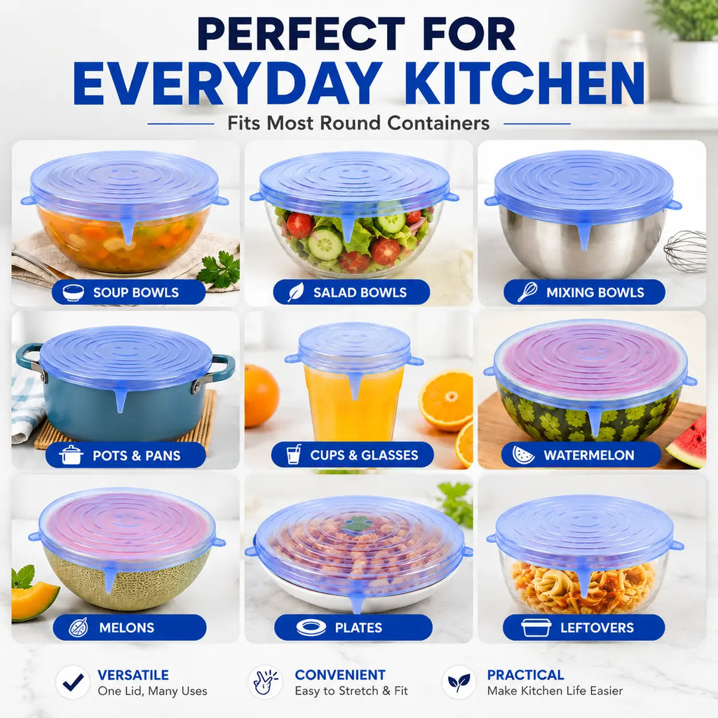 6-Pack Silicone Stretch Lids (2.6In, 3.7In, 4.3In, 5.5In, 6.3In, 7.7In) - Bpa-Free Food-Grade Reusable Covers for Bowls, Pots, Cups