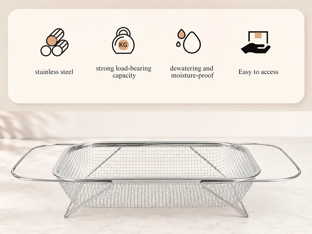 Stainless Steel Expandable Over-The-Sink Colander Strainer Basket, Rectangle Fine Mesh Kitchen Utensils with Handles, Silver Kitchen Essential Supplies, Kitchen Supplies