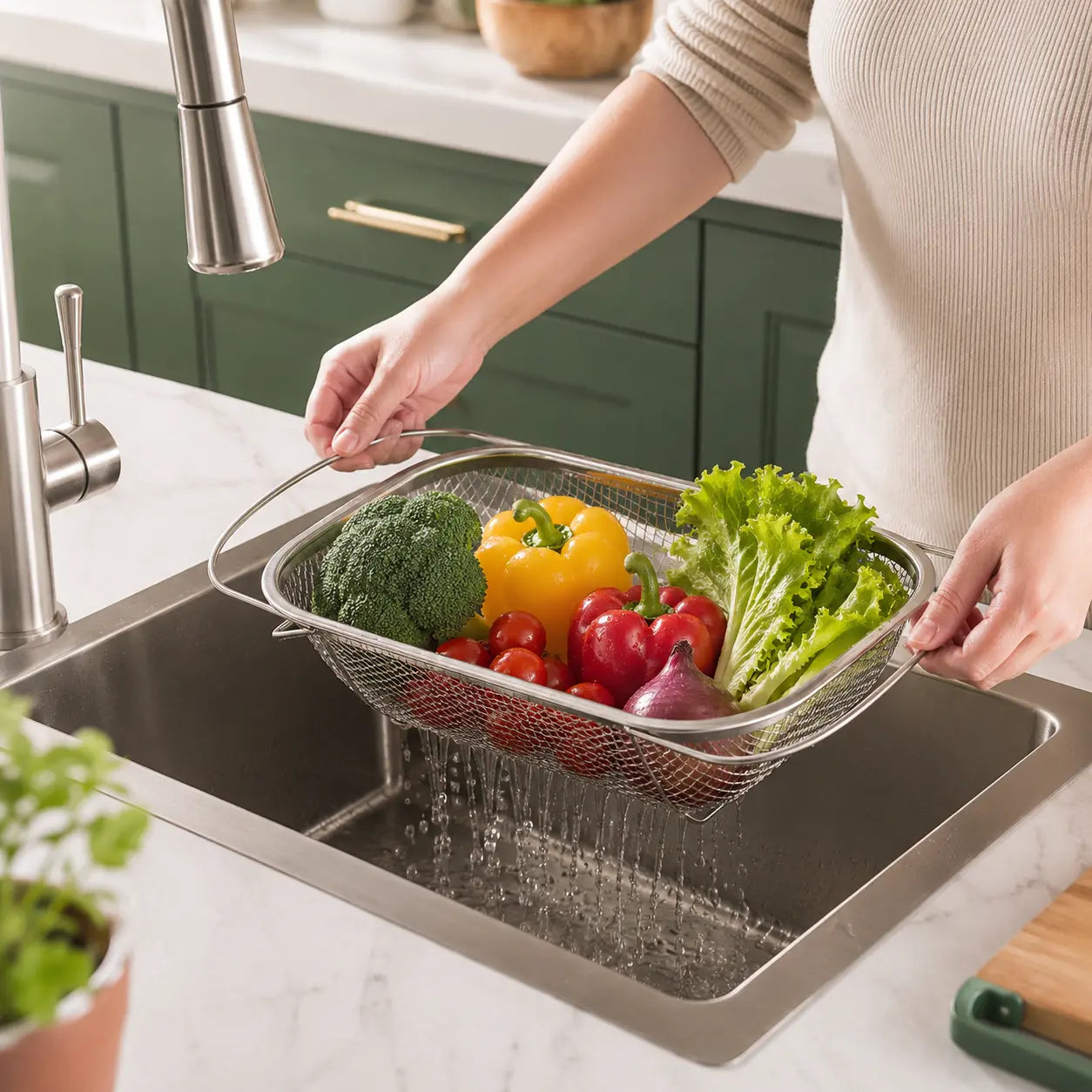 Stainless Steel Expandable Over-The-Sink Colander Strainer Basket, Rectangle Fine Mesh Kitchen Utensils with Handles, Silver Kitchen Essential Supplies, Kitchen Supplies