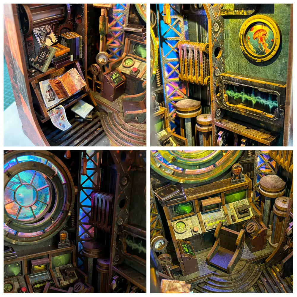 DIY Wooden Book Nook Shelf Insert Miniature Model Kits Ten Thousand Leagues under the Sea Bookshelf with Light for Friends Gifts