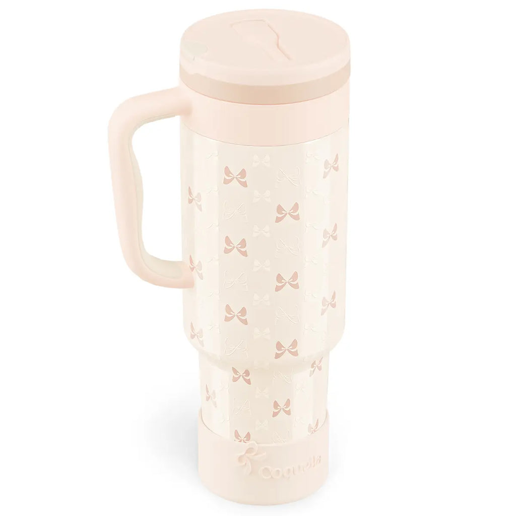 Coquella 40 Oz Insulated Tumbler with Handle and Push-Button Straw Lid, Stainless Steel Travel Cup for Gym Office, Leakproof, Bpa-Free, Cup Holder Friendly, Bow Silicone Boot, Pink (Rose Quartz)