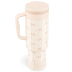 Coquella 40 Oz Insulated Tumbler with Handle and Push-Button Straw Lid, Stainless Steel Travel Cup for Gym Office, Leakproof, Bpa-Free, Cup Holder Friendly, Bow Silicone Boot, Pink (Rose Quartz)