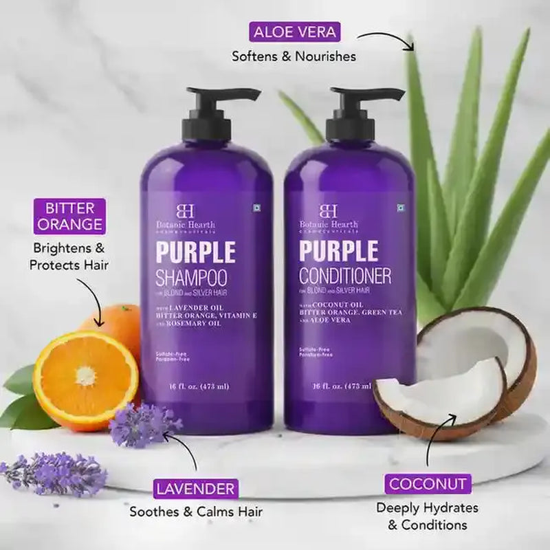 Purple Shampoo and Conditioner Set with Coconut and Aloe Vera | 16 Fl Oz Each