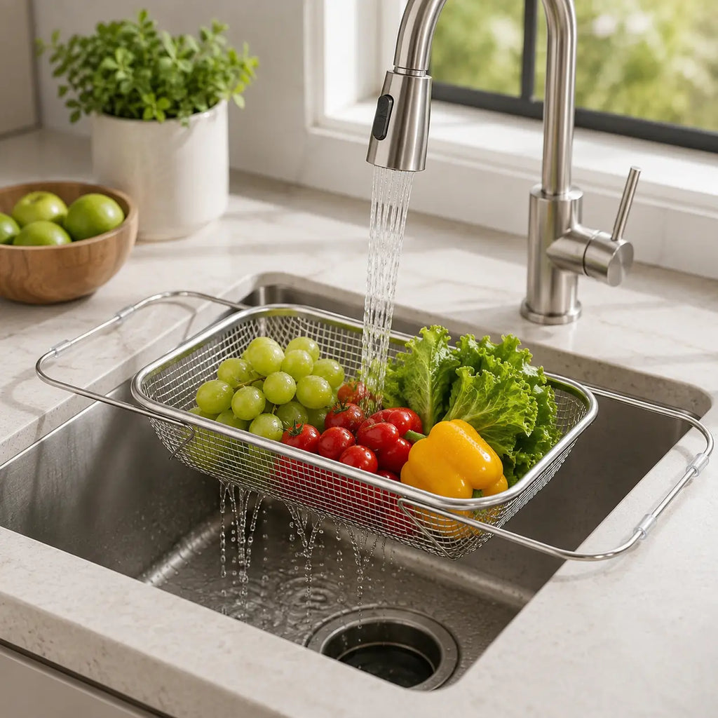 Stainless Steel Expandable Over-The-Sink Colander Strainer Basket, Rectangle Fine Mesh Kitchen Utensils with Handles, Silver Kitchen Essential Supplies, Kitchen Supplies