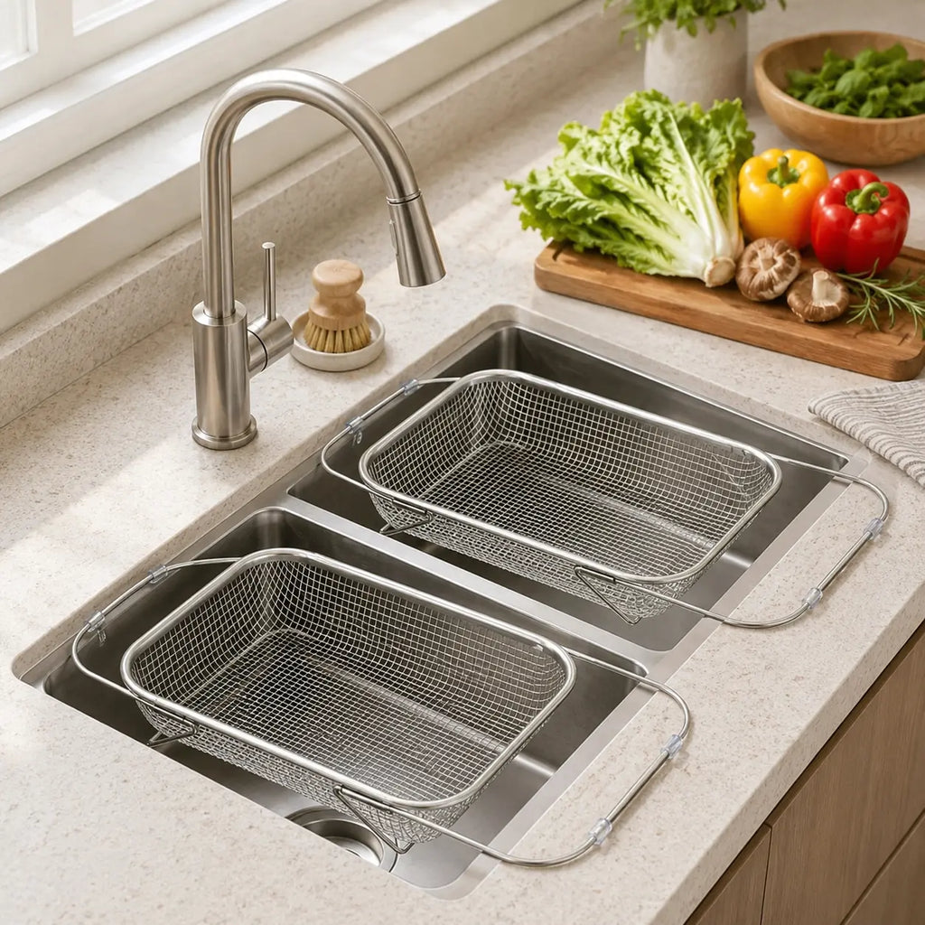 Stainless Steel Expandable Over-The-Sink Colander Strainer Basket, Rectangle Fine Mesh Kitchen Utensils with Handles, Silver Kitchen Essential Supplies, Kitchen Supplies