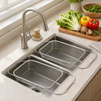 Stainless Steel Expandable Over-The-Sink Colander Strainer Basket, Rectangle Fine Mesh Kitchen Utensils with Handles, Silver Kitchen Essential Supplies, Kitchen Supplies