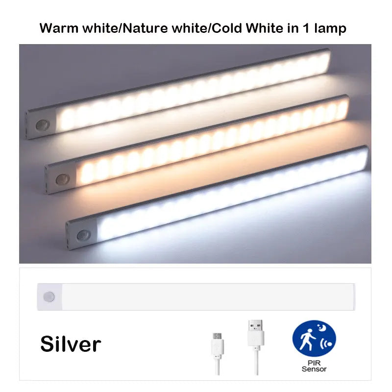 Ultra-Thin USB Rechargeable Motion Sensor Cabinet Light Wireless 3 Colors Dimmable LED Closet Wardrobe Lights Lamp 20/30/40CM