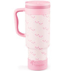 Coquella 40 Oz Insulated Tumbler with Handle and Push-Button Straw Lid, Stainless Steel Travel Cup for Gym Office, Leakproof, Bpa-Free, Cup Holder Friendly, Bow Silicone Boot, Pink (Rose Quartz)