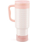Coquella 40 Oz Insulated Tumbler with Handle and Push-Button Straw Lid, Stainless Steel Travel Cup for Gym Office, Leakproof, Bpa-Free, Cup Holder Friendly, Bow Silicone Boot, Pink (Rose Quartz)