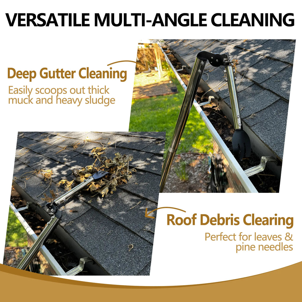 CKLT Gutter Cleaning Tools from the Ground, Dual-Axis Spring Steel Gutter Cleaner, Adjustable Length Gutter Cleaning Pole with Gutter Rake for Leaves, Muck and Roof Debris, No Ladder Needed, Rain Gutter Cleaner Garden Cleaning Tools Garden Equipment