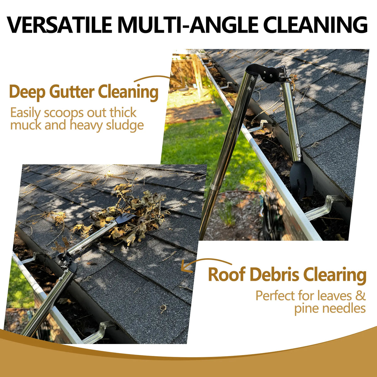 CKLT Gutter Cleaning Tools from the Ground, Dual-Axis Spring Steel Gutter Cleaner, Adjustable Length Gutter Cleaning Pole with Gutter Rake for Leaves, Muck and Roof Debris, No Ladder Needed, Rain Gutter Cleaner Garden Cleaning Tools Garden Equipment