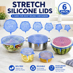 6-Pack Silicone Stretch Lids (2.6In, 3.7In, 4.3In, 5.5In, 6.3In, 7.7In) - Bpa-Free Food-Grade Reusable Covers for Bowls, Pots, Cups
