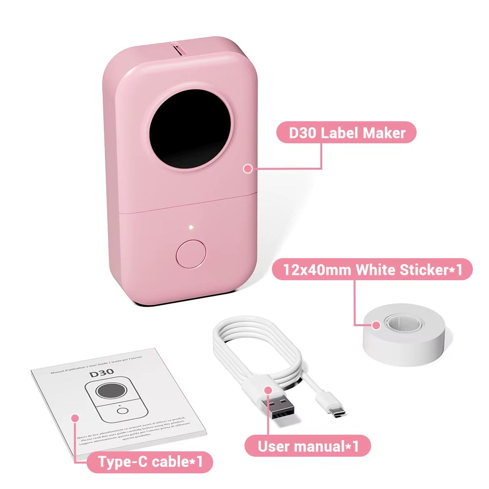 Roze Phomemo D30 met kabel, handleiding en labelrol