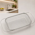 Stainless Steel Expandable Over-The-Sink Colander Strainer Basket, Rectangle Fine Mesh Kitchen Utensils with Handles, Silver Kitchen Essential Supplies, Kitchen Supplies