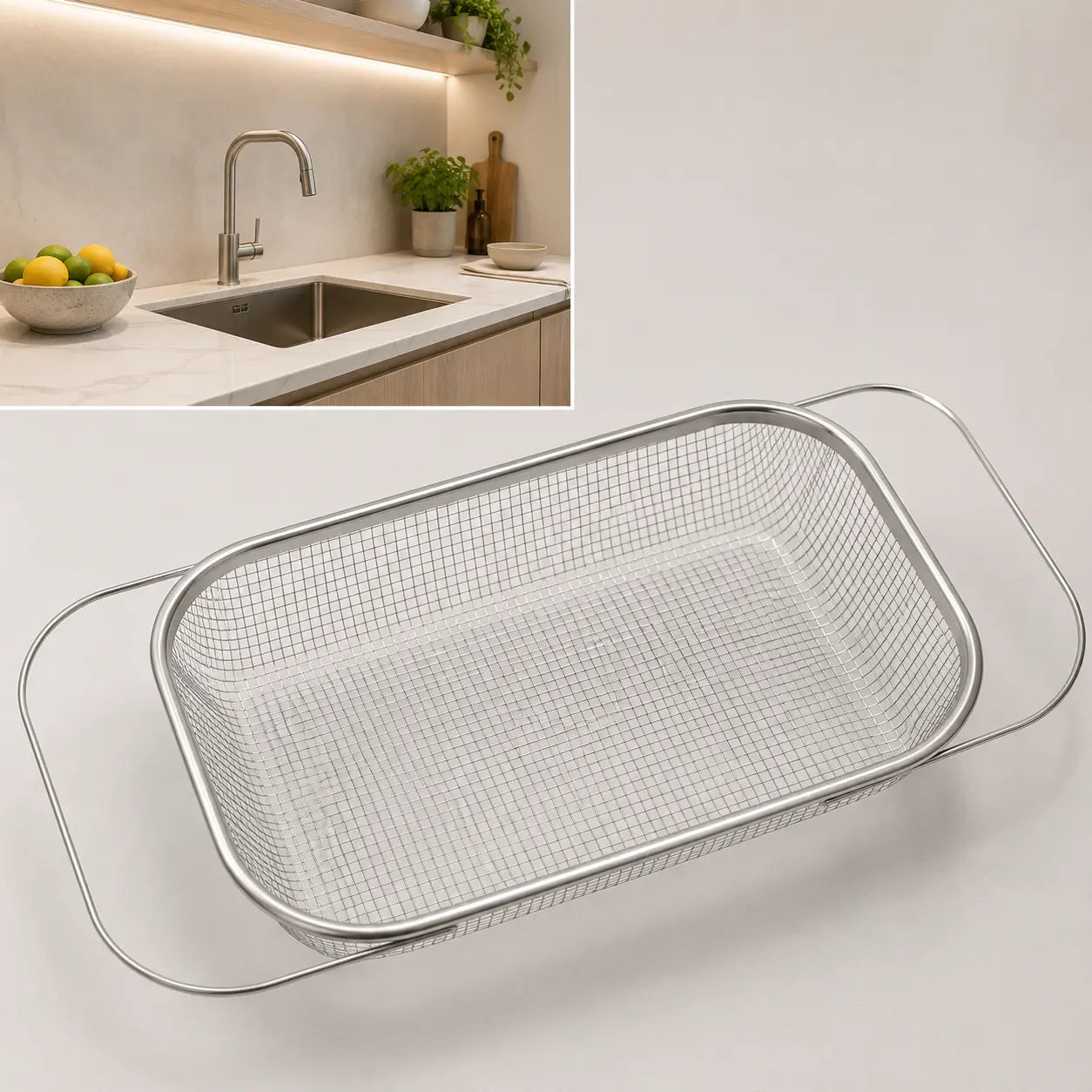 Stainless Steel Expandable Over-The-Sink Colander Strainer Basket, Rectangle Fine Mesh Kitchen Utensils with Handles, Silver Kitchen Essential Supplies, Kitchen Supplies