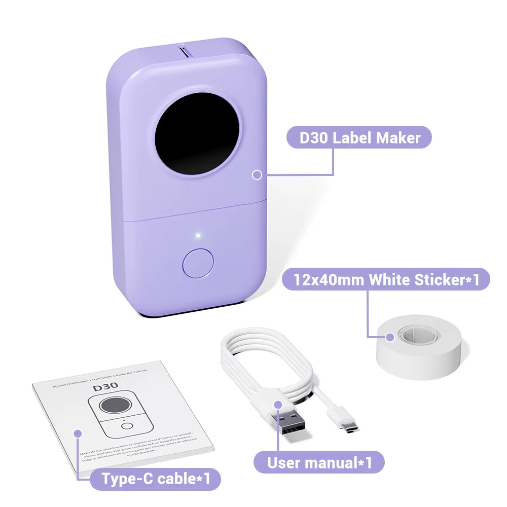 Paarse Phomemo D30 met kabel, handleiding en labelrol
