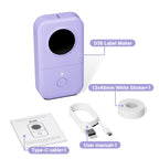 Paarse Phomemo D30 met kabel, handleiding en labelrol