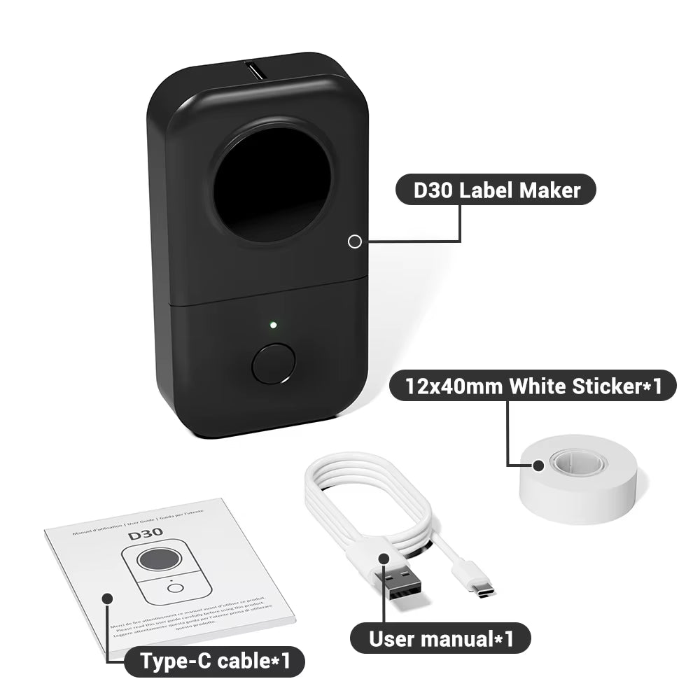 Zwarte Phomemo D30 met kabel, handleiding en labelrol