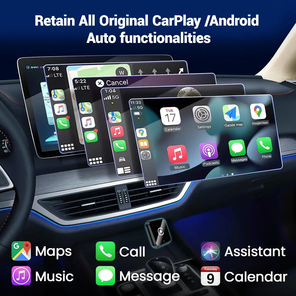 Aifine 2027 Wireless Carplay & Android Auto Adapter – Converts Factory Wired Carplay/Android Auto to Wireless, Plug & Play USB Dongle, for Vehicles with Built-In Wired Carplay or Android Auto Only