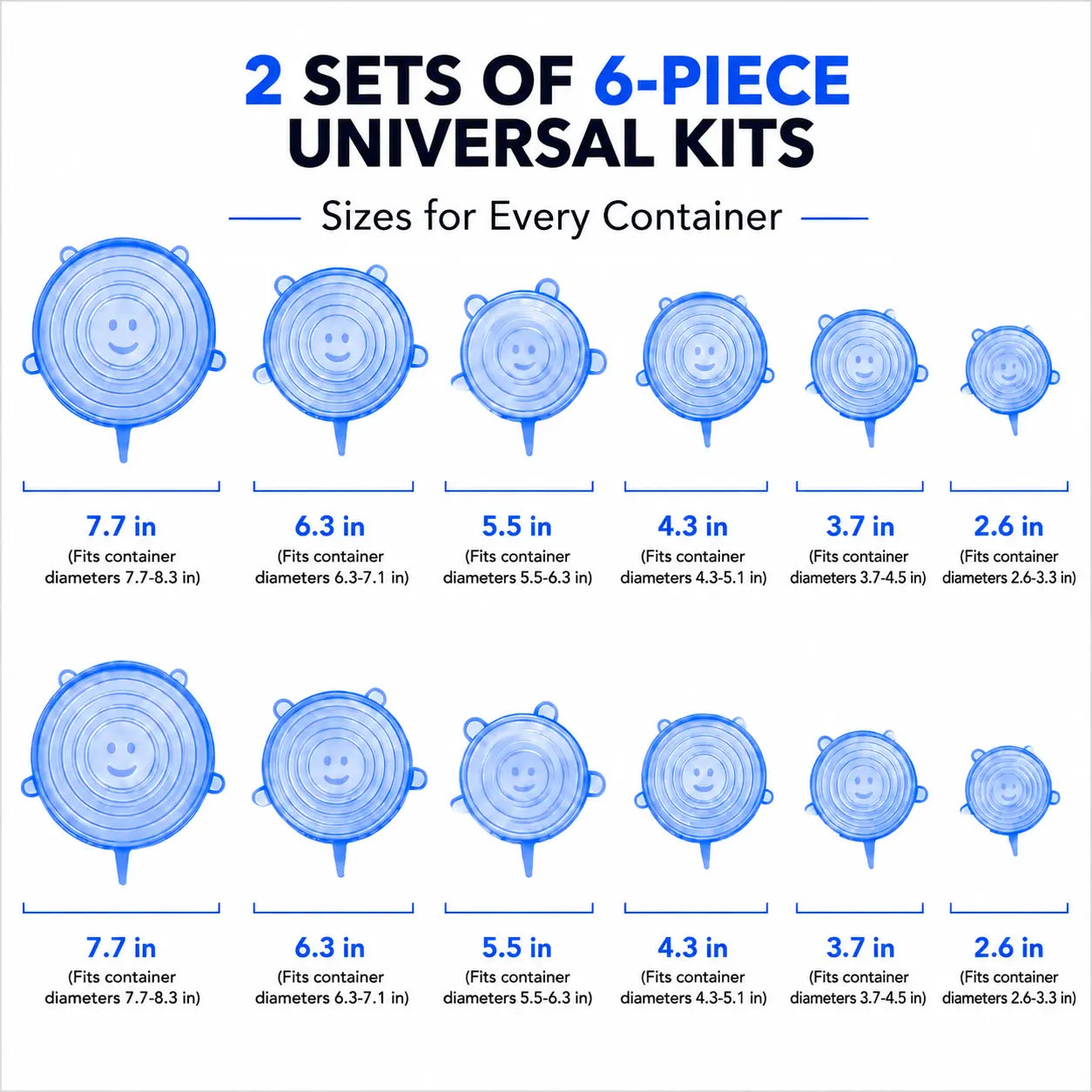 6-Pack Silicone Stretch Lids (2.6In, 3.7In, 4.3In, 5.5In, 6.3In, 7.7In) - Bpa-Free Food-Grade Reusable Covers for Bowls, Pots, Cups