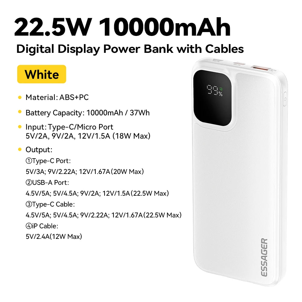 20000Mah Portable Power Bank with 2 Cables for Iphone 16 15 14 Xiaomi Samsung Huawei 10000Mah Digital Display Power Bank
