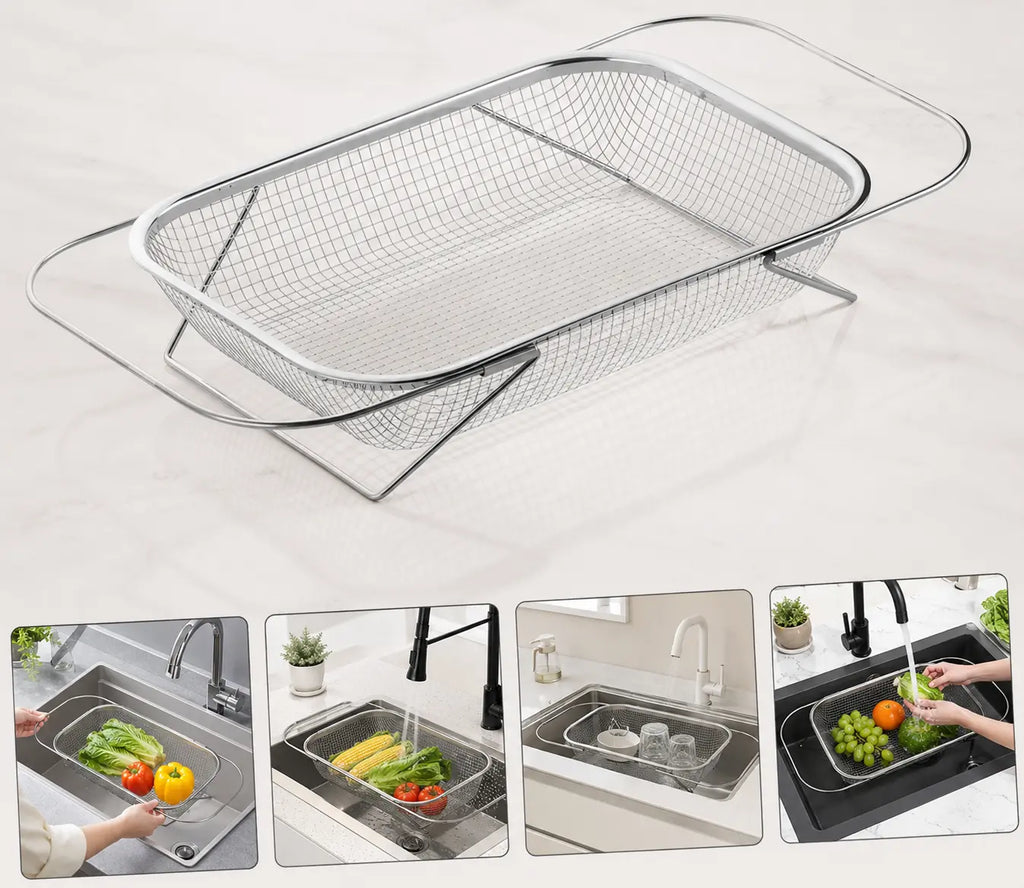 Stainless Steel Expandable Over-The-Sink Colander Strainer Basket, Rectangle Fine Mesh Kitchen Utensils with Handles, Silver Kitchen Essential Supplies, Kitchen Supplies