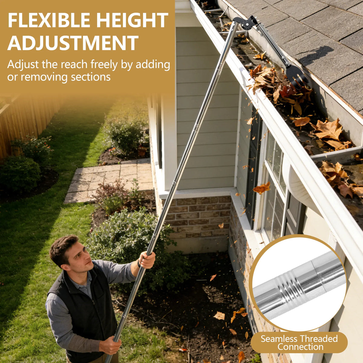 CKLT Gutter Cleaning Tools from the Ground, Dual-Axis Spring Steel Gutter Cleaner, Adjustable Length Gutter Cleaning Pole with Gutter Rake for Leaves, Muck and Roof Debris, No Ladder Needed, Rain Gutter Cleaner Garden Cleaning Tools Garden Equipment