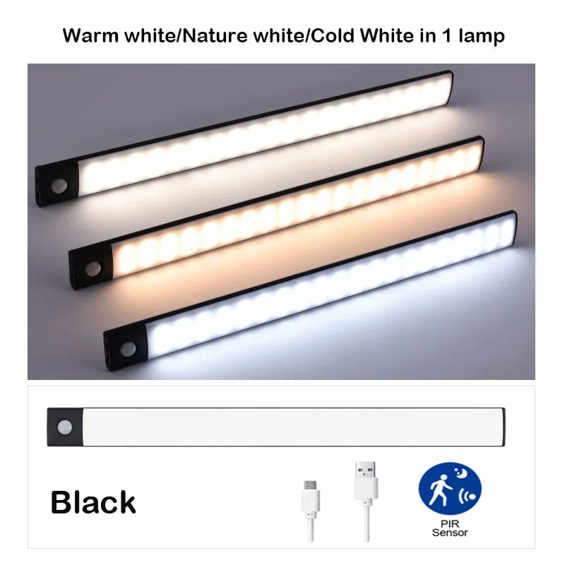 Ultra-Thin USB Rechargeable Motion Sensor Cabinet Light Wireless 3 Colors Dimmable LED Closet Wardrobe Lights Lamp 20/30/40CM