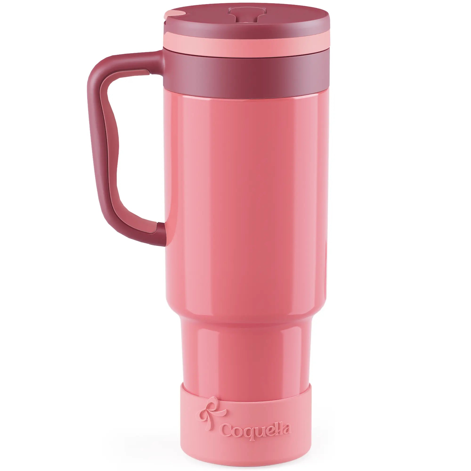 Coquella 40 Oz Insulated Tumbler with Handle and Push-Button Straw Lid, Stainless Steel Travel Cup for Gym Office, Leakproof, Bpa-Free, Cup Holder Friendly, Bow Silicone Boot, Pink (Rose Quartz)