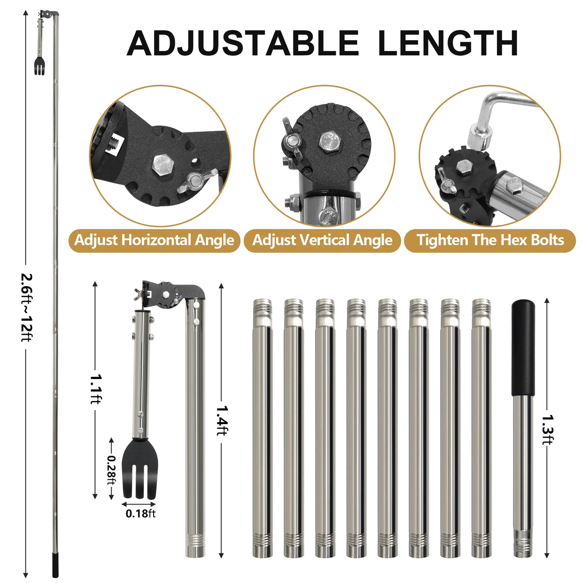 CKLT Gutter Cleaning Tools from the Ground, Dual-Axis Spring Steel Gutter Cleaner, Adjustable Length Gutter Cleaning Pole with Gutter Rake for Leaves, Muck and Roof Debris, No Ladder Needed, Rain Gutter Cleaner Garden Cleaning Tools Garden Equipment