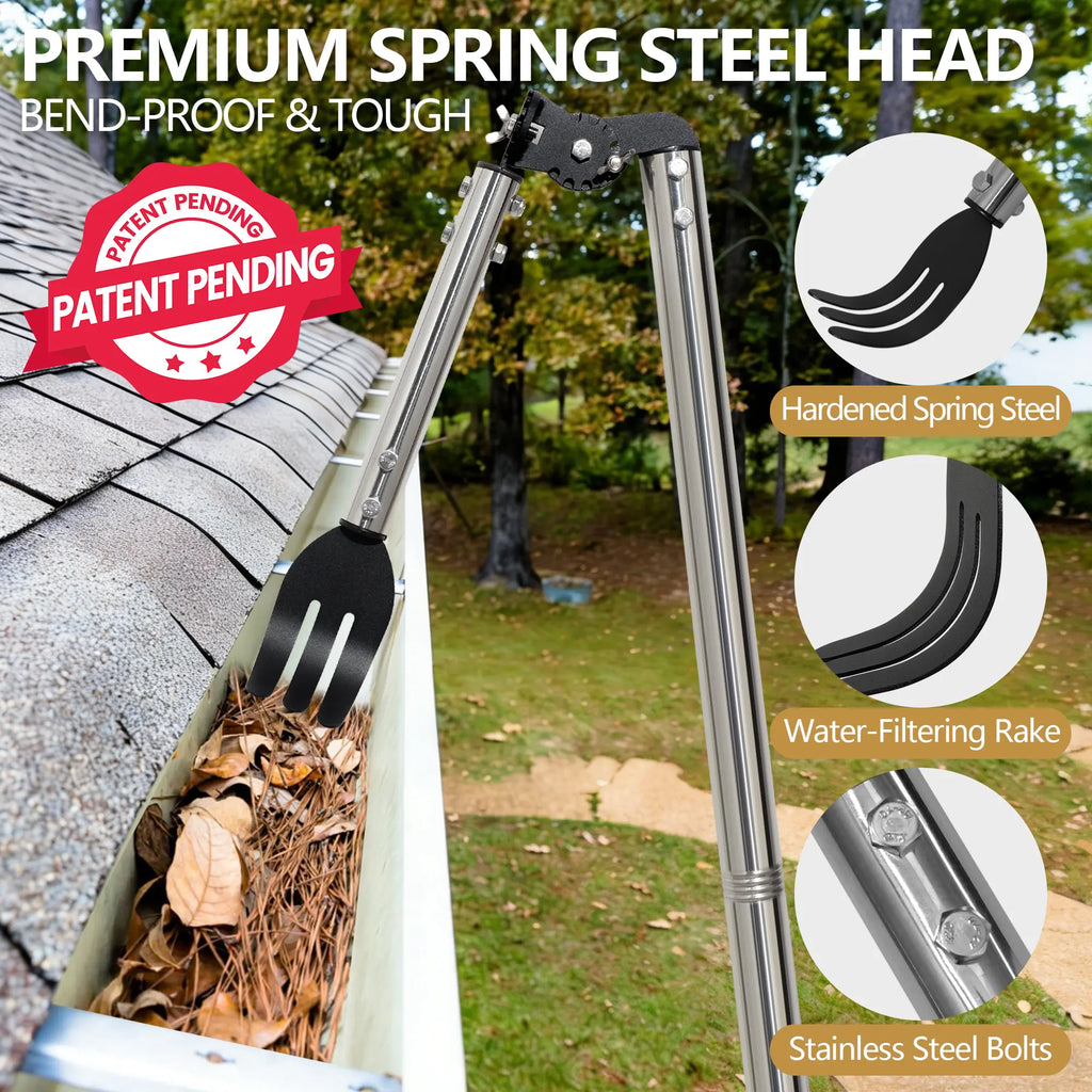 CKLT Gutter Cleaning Tools from the Ground, Dual-Axis Spring Steel Gutter Cleaner, Adjustable Length Gutter Cleaning Pole with Gutter Rake for Leaves, Muck and Roof Debris, No Ladder Needed, Rain Gutter Cleaner Garden Cleaning Tools Garden Equipment
