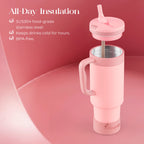 Coquella 40 Oz Insulated Tumbler with Handle and Push-Button Straw Lid, Stainless Steel Travel Cup for Gym Office, Leakproof, Bpa-Free, Cup Holder Friendly, Bow Silicone Boot, Pink (Rose Quartz)