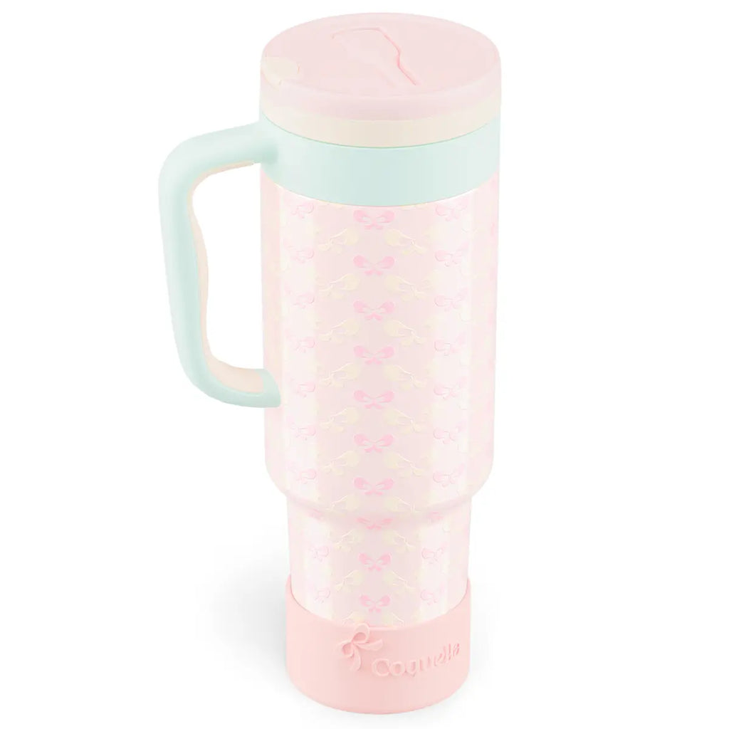 Coquella 40 Oz Insulated Tumbler with Handle and Push-Button Straw Lid, Stainless Steel Travel Cup for Gym Office, Leakproof, Bpa-Free, Cup Holder Friendly, Bow Silicone Boot, Pink (Rose Quartz)