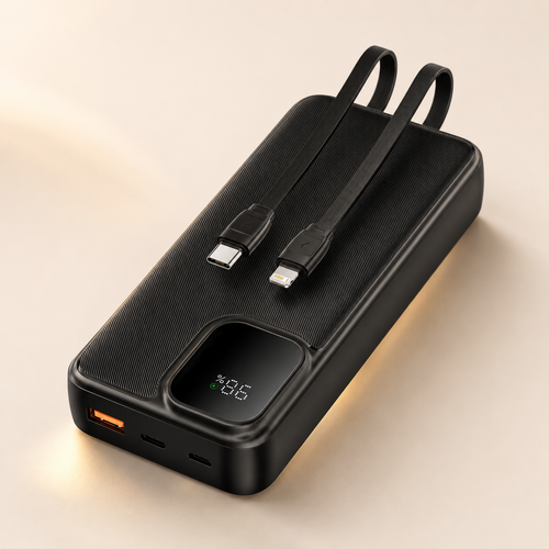 Zwarte powerbank met ingebouwde USB-C- en Lightning-kabels