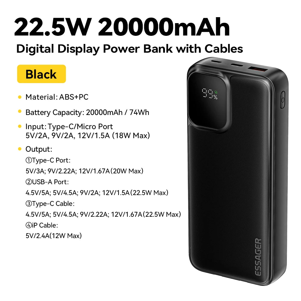 20000Mah Portable Power Bank with 2 Cables for Iphone 16 15 14 Xiaomi Samsung Huawei 10000Mah Digital Display Power Bank