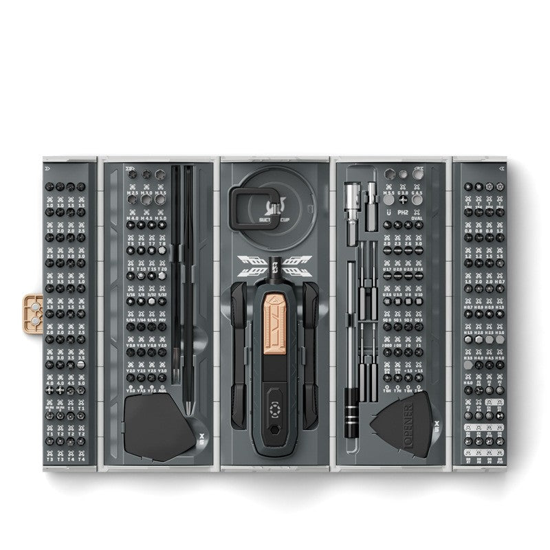 Overzicht van bits en openingsgereedschap in de JM8186 set