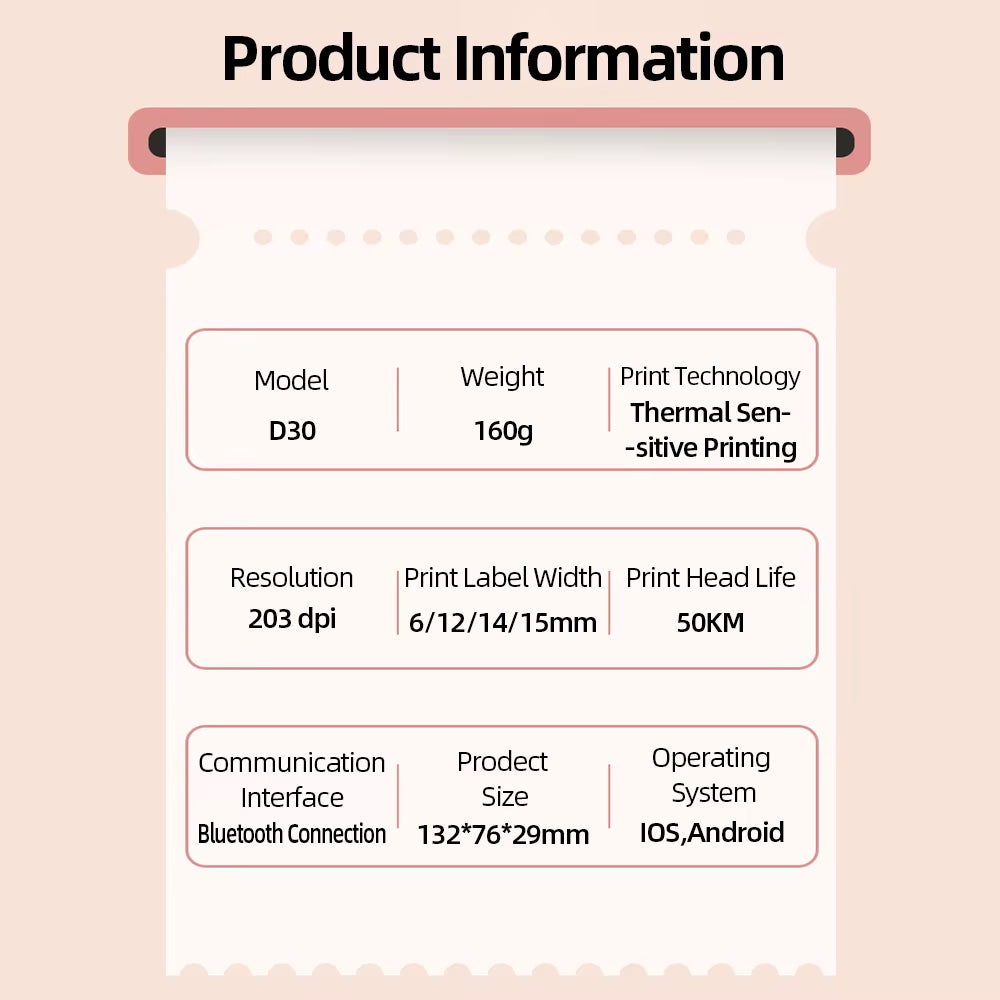 Technische specificaties van de Phomemo D30 labelprinter