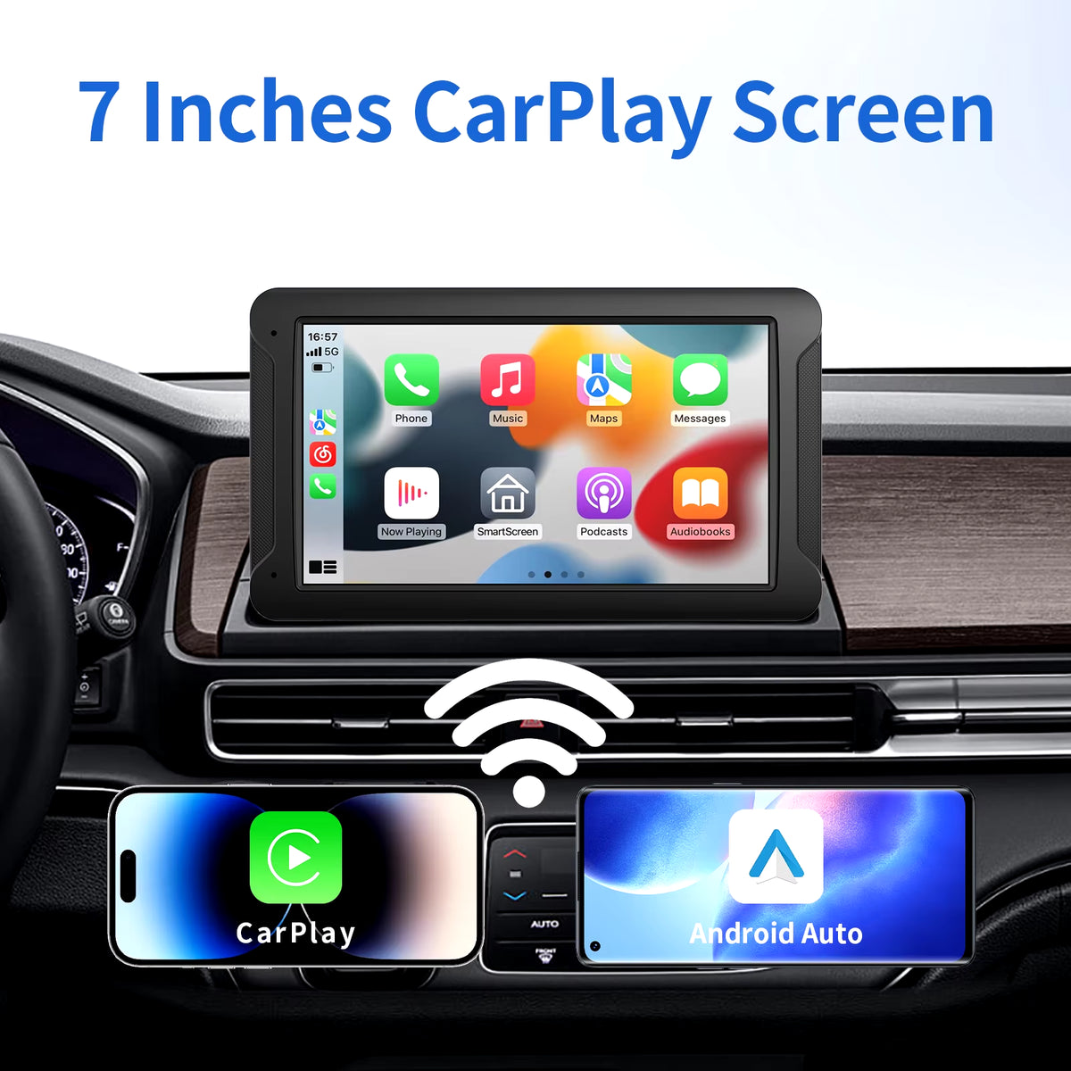 Portable CarPlay display and included items overview