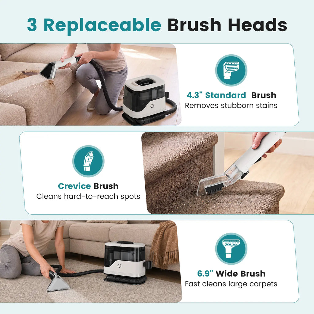 Portable Carpet Washer & Upholstery Spot Cleaner, 13,000Pa Powerful Suction Stain Remover Machine with 3 Replaceable Brush Heads & Dual Water Tanks for Pet Stains, Couch, Rugs, Car Seats & Furniture