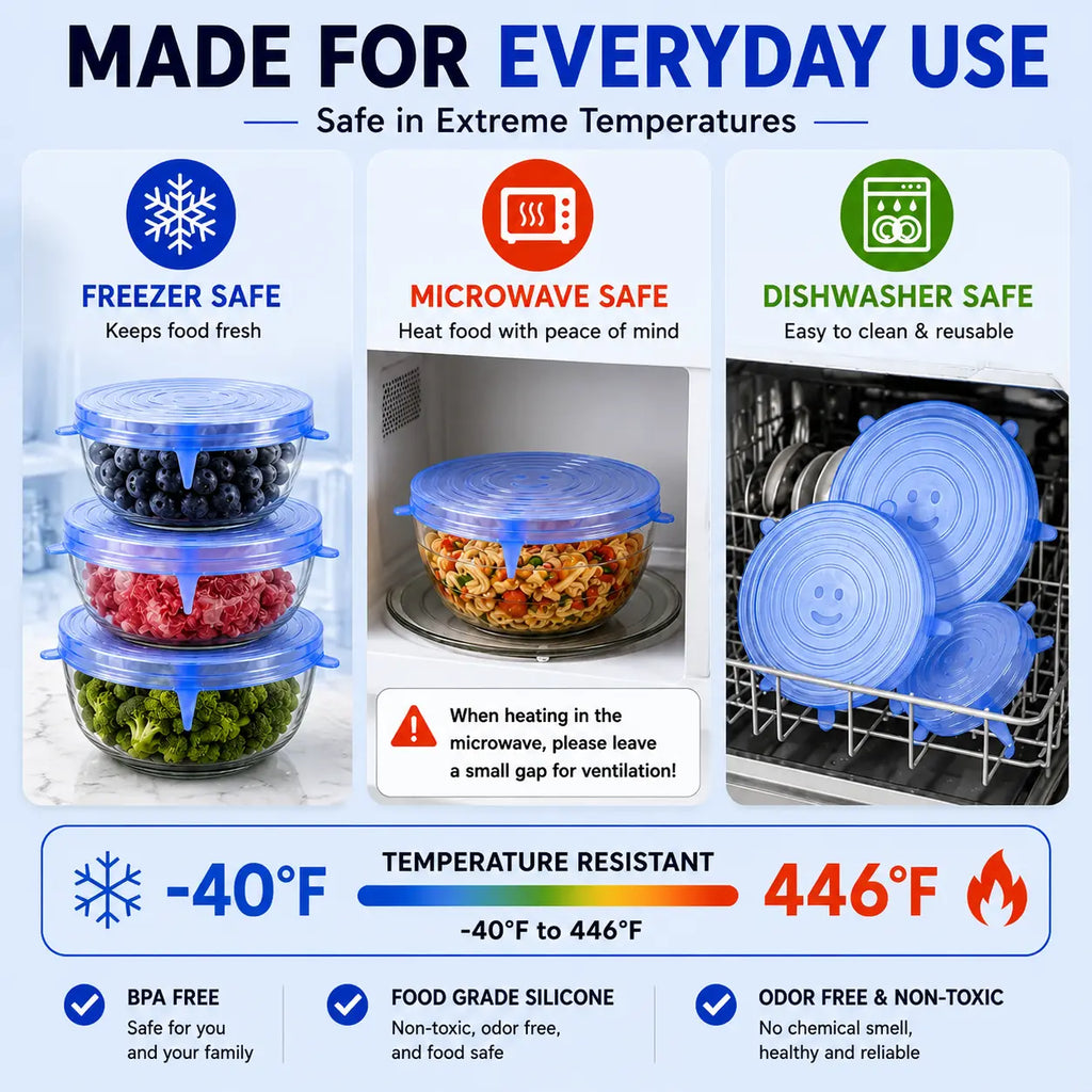 6-Pack Silicone Stretch Lids (2.6In, 3.7In, 4.3In, 5.5In, 6.3In, 7.7In) - Bpa-Free Food-Grade Reusable Covers for Bowls, Pots, Cups