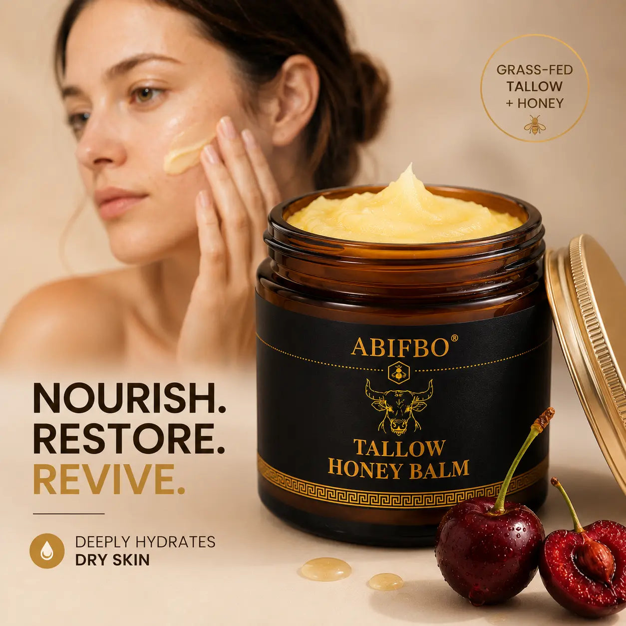 Organic Grass-Fed Beef Tallow Balm with Raw Honey - Handmade All-Natural Moisturizer for Soft, Smooth, Radiant Skin